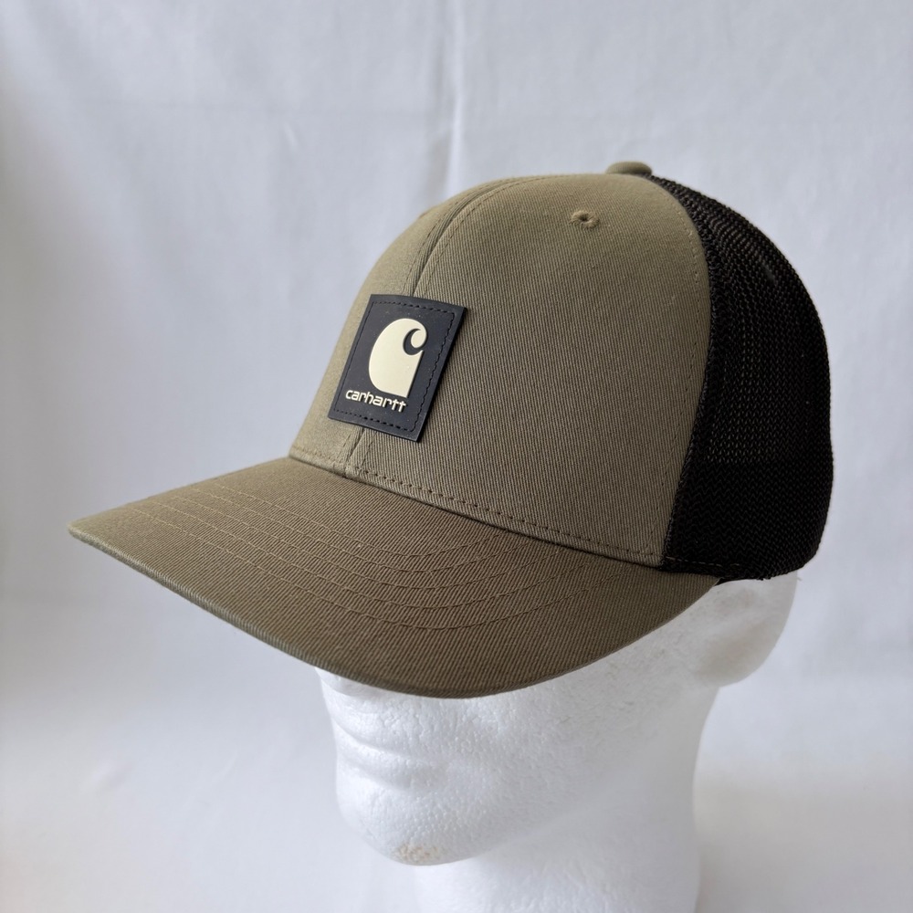 Carhartt Dusty Olive Green Black Mesh Mens Snapback Trucker Hat Rubberized Logo
